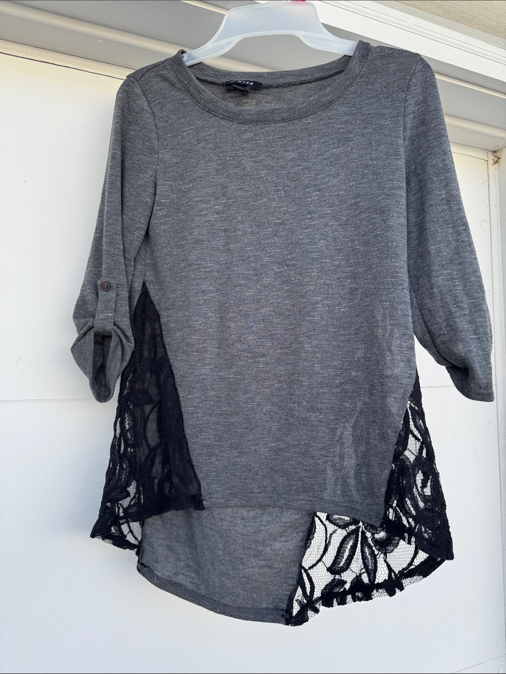A. Byer Gray Pullover Top with Black Lace Side Panels